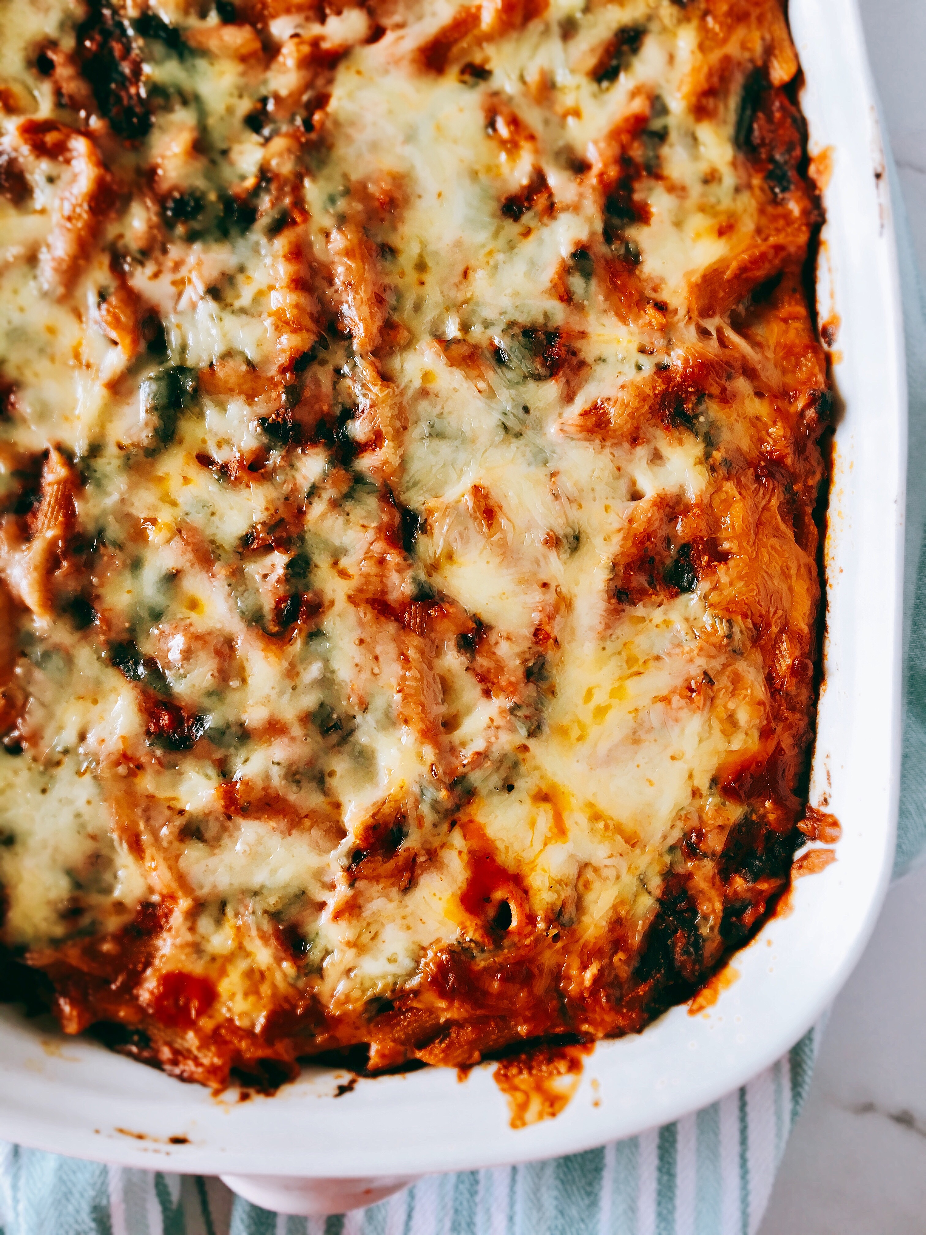 Baked Penne with Italian Sausage and Spinach